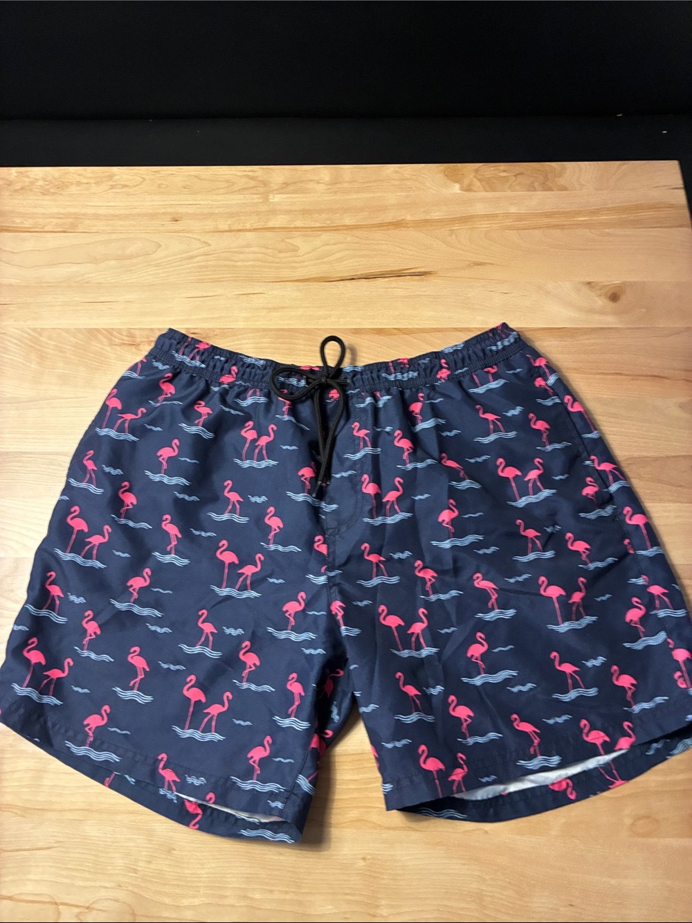 Black Swim Trunks with Pink Flamingo Pattern